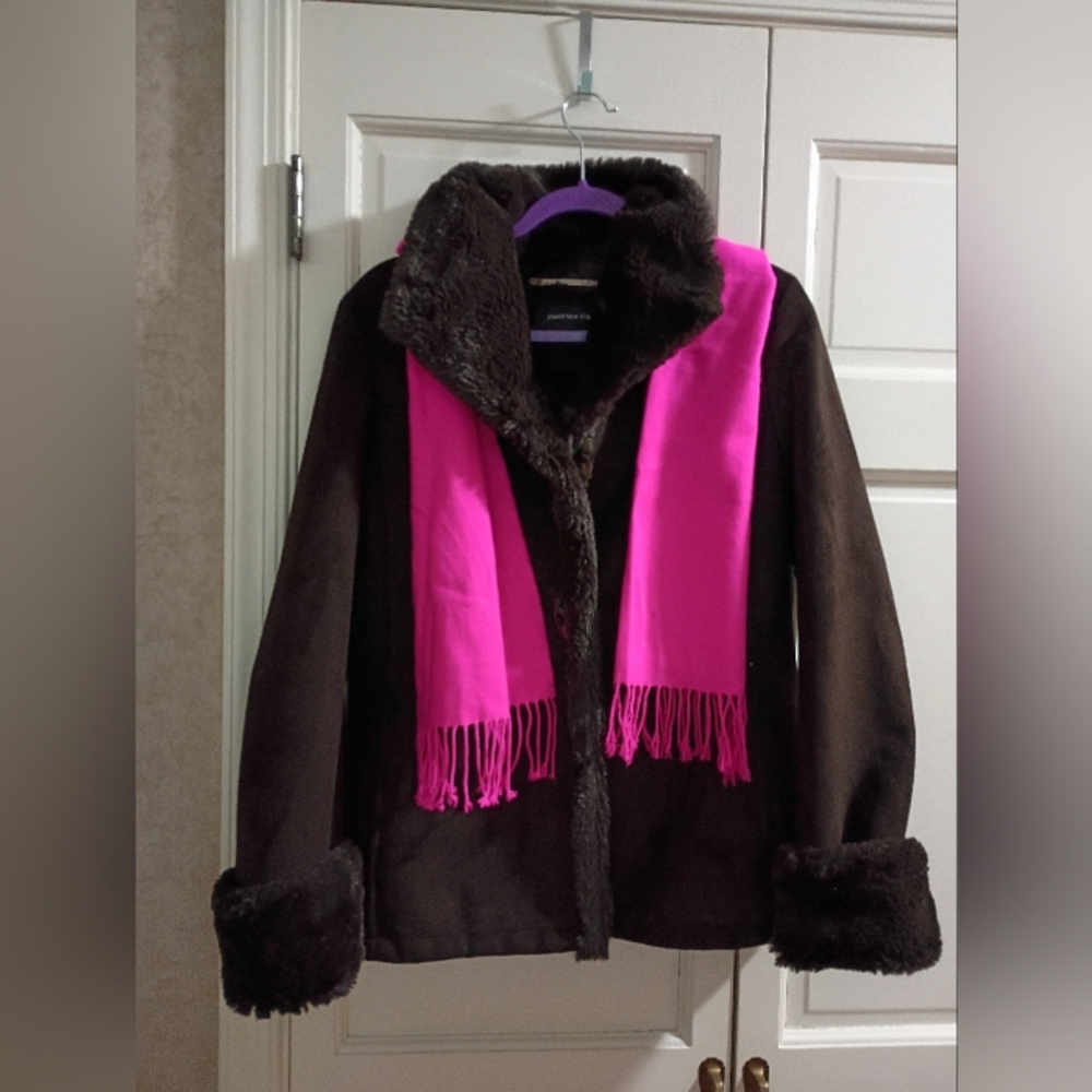 Jones New York Dark Brown Teddy Jacket with Faux Fur